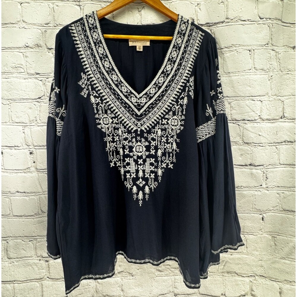 Philosophy Top Women's 1X Black Tunic Embroidered Flowy Witchy Boho Hippie Retro
